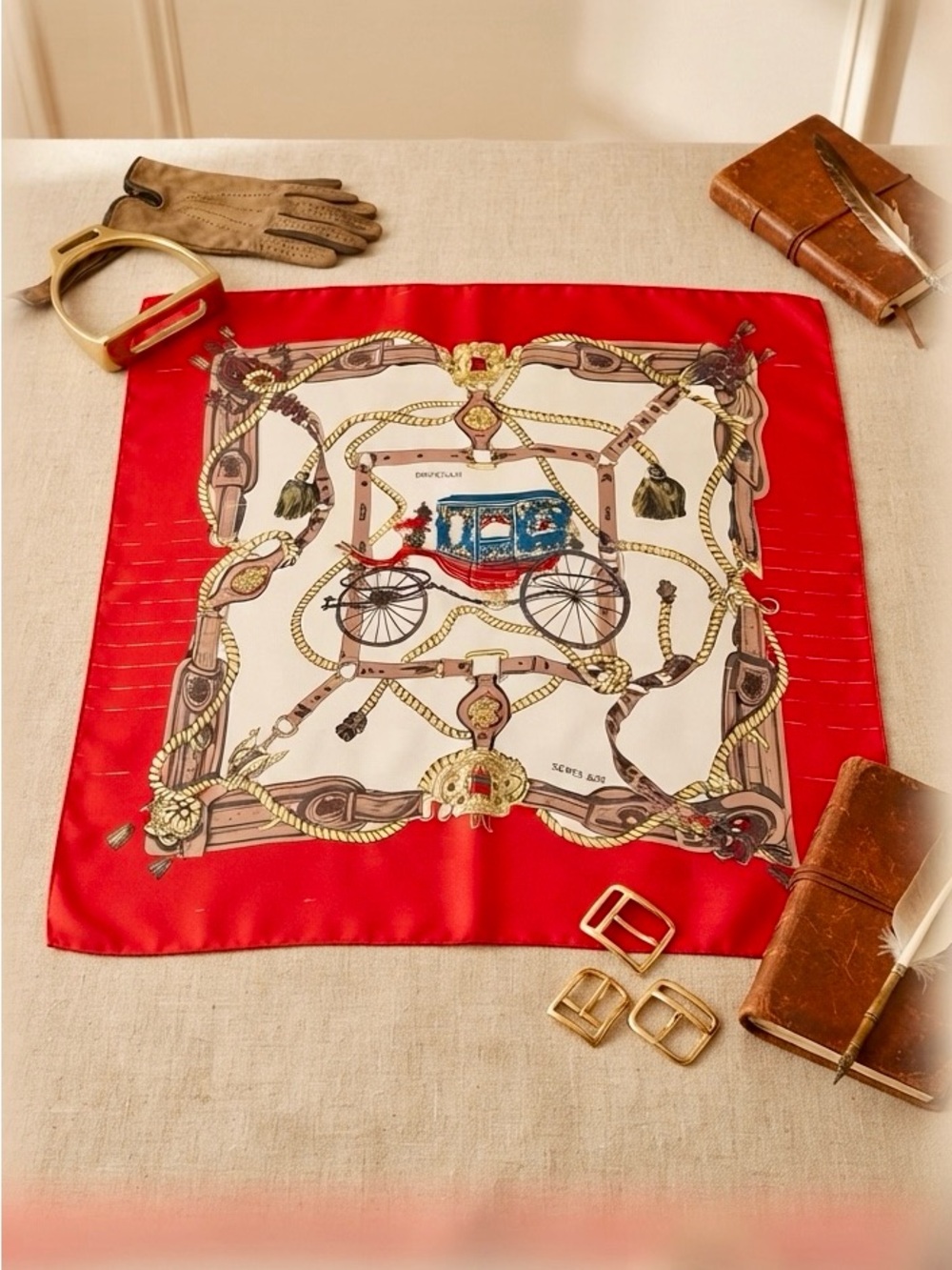 Vintage Brougham Carriage Print Scarf Red & Gold Equestrian Chic